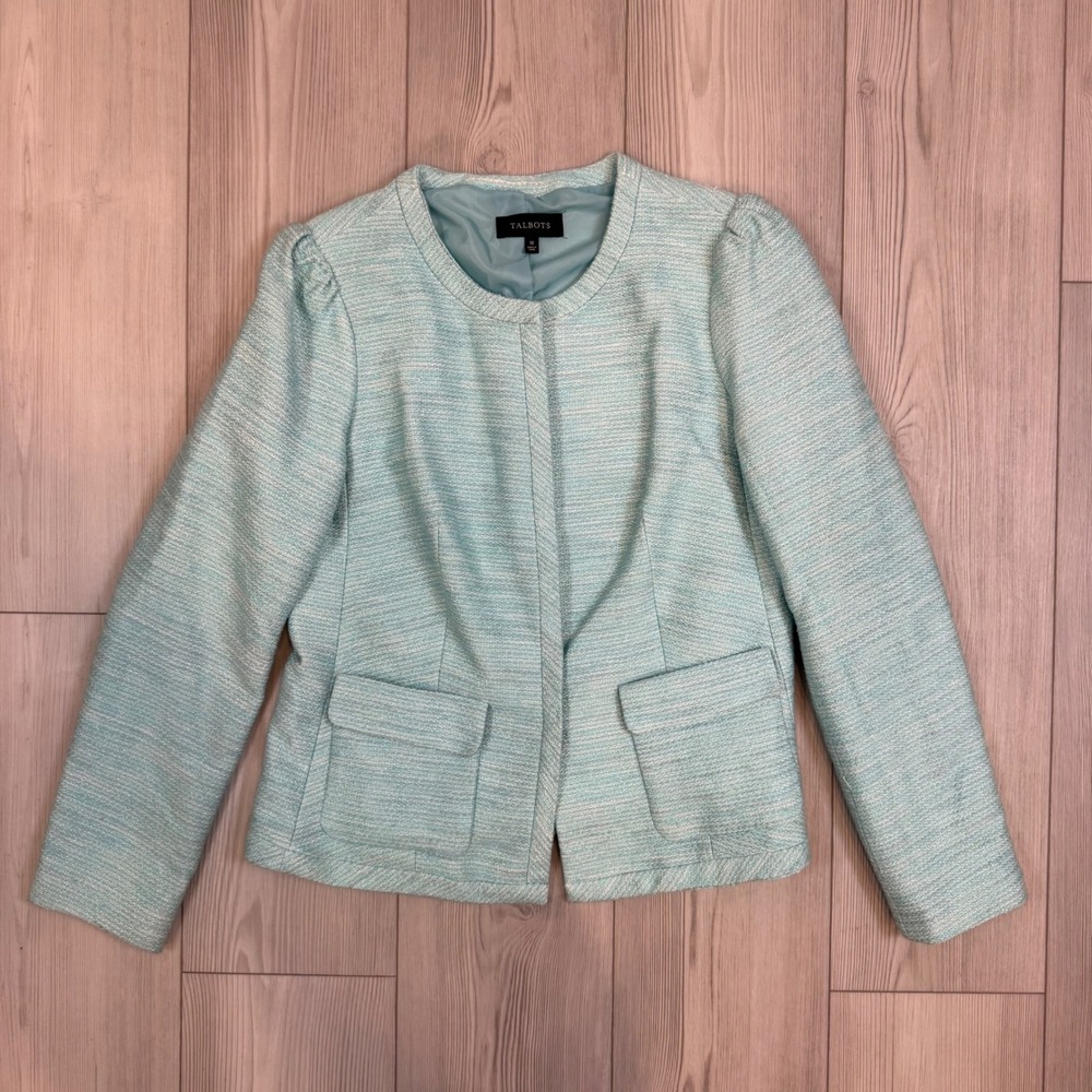 Talbots Womens Light Blue Tweed Collarless Blazer Jacket Size 10 Puff Shoulder